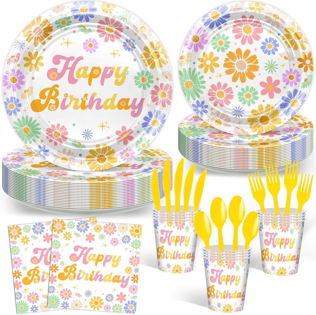 Avezano 168 PCS Daisy Birthday Party Decorations Retro Hippie Plates Napkins Tableware Set for Groovy Daisy Birthday Party Supplies, Serves 24