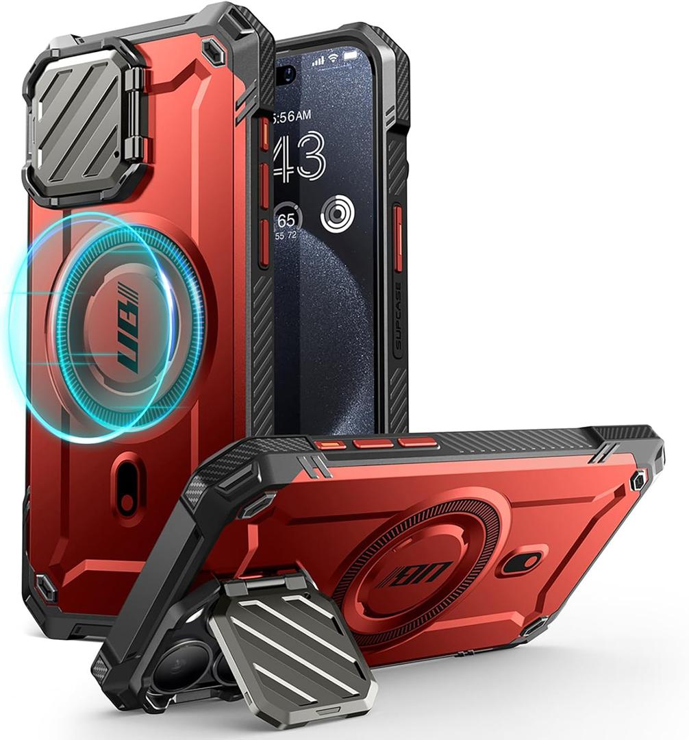 SUPCASE for iPhone 15 Pro Max Case with Camera Cover & Stand (UBMag XT) [Compatible with MagSafe] [Built-in Kickstand] [Military-Grade Protection] Heavy Duty Rugged Magnetic Phone Case, Ruddy