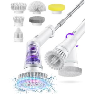 Electric Spin Scrubber, Cordless Shower Scrubber Rotary Floor Brushes & Pad Drivers with 6 Brush Heads - 2H Dual Speed, IPX7 Waterproof Extension Handle for Bathroom Tile Car Cleaning (White)