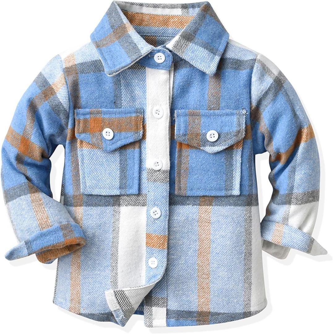Toddler Boys' Girls' Flannel Plaid Shirt Button Down Long Sleeve Jacket Lapel Shacket Coat Tops Casual Outwear (Blue)