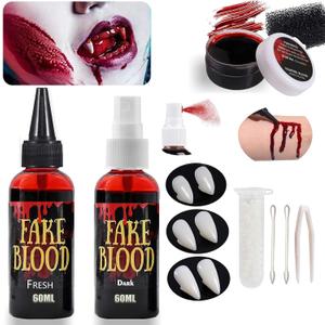 10 pcs Halloween Fake Blood Coagulated(1.06oz)+Spray(2.03oz)+Dripping(2.03oz) Vampire fangs teeth(3 pairs),Washable Blood Splatter Makeup,Realistic Edible Bloods for Clothes, Makeup for Costume