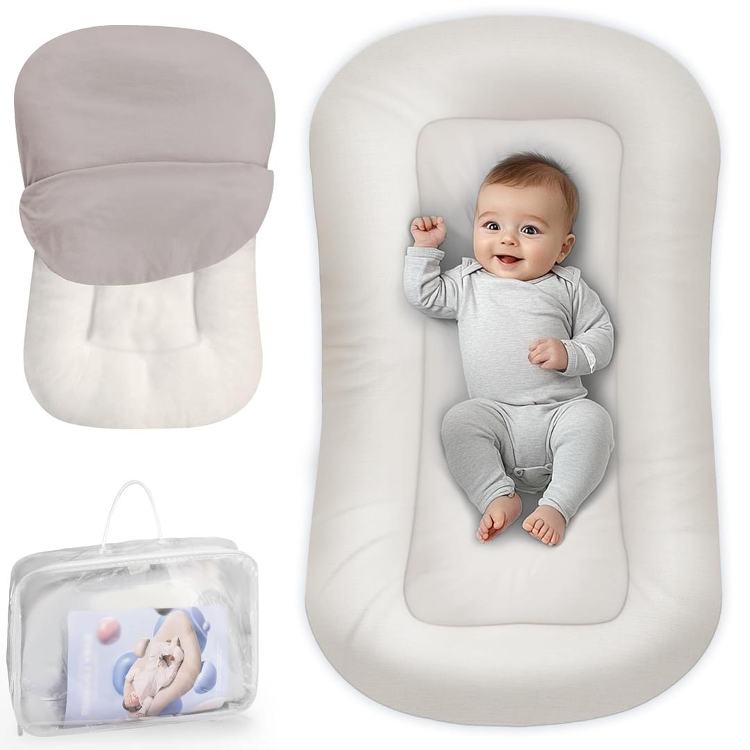 Baby Lounger - Baby Lounger Pillow for Newborn, 0-24 Months, Infant Lounger for Home and Travel, Soft Cotton, Co Sleeping Baby Nest, Newborn Babies Essentials Gifts, White (Lounger Cover Included)
