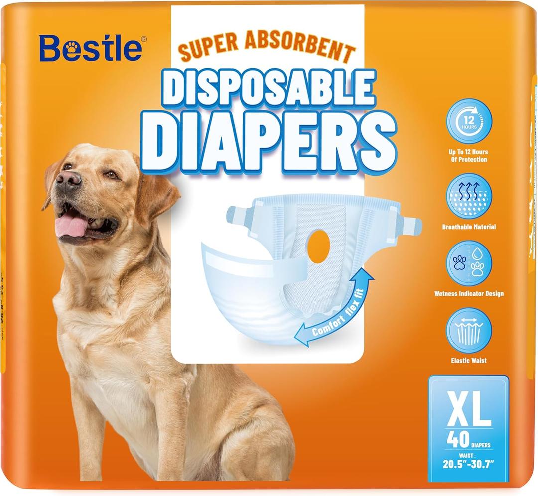 Bestle Disposable Female Dog Diapers, 40 Count, XL (Waist 29.5-34.6), Wetness Indicator, Ultra Protection, Leak Proof, Super Absorbent, Soft
