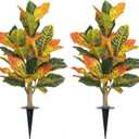 UV-Resistance 35inch Artificial Croton Plant, 2 Pack Fake Croton with Ground Spike, Faux Fiddle Leaf Fig Tree for Outdoor Home Decor