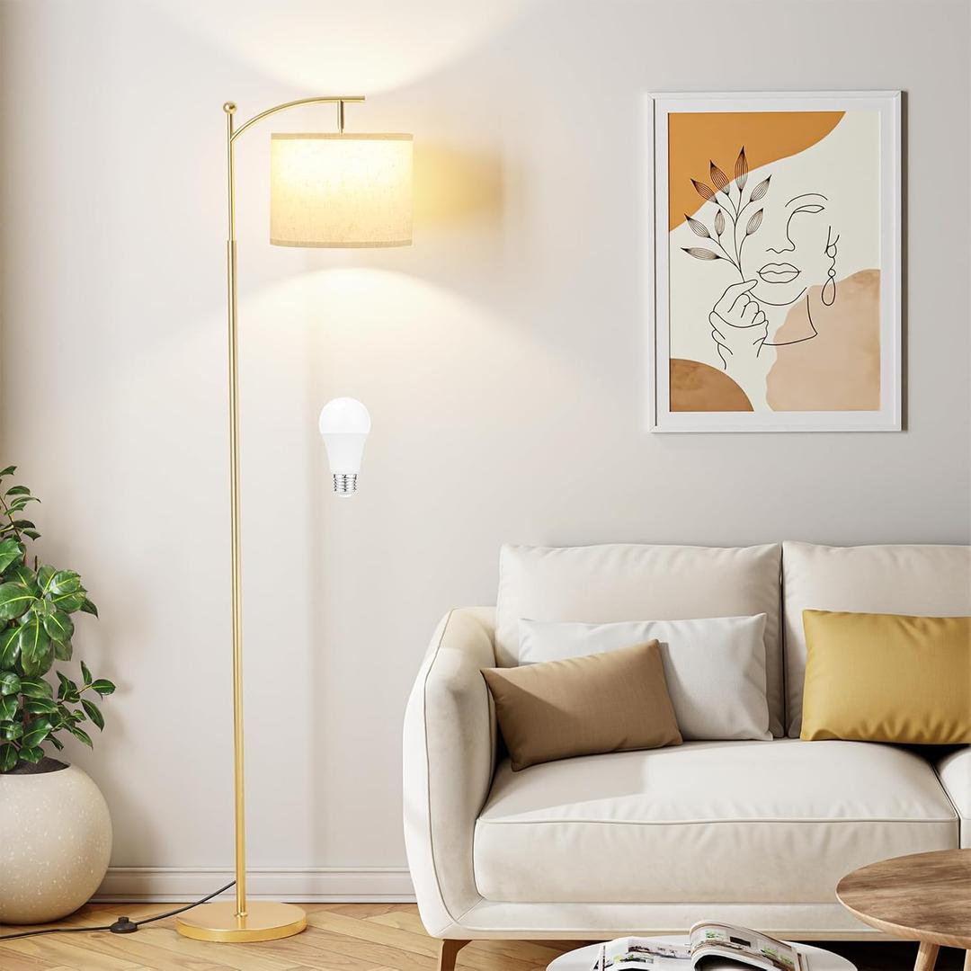 Ambimall 60" Floor Lamp with 3 Color Temperatures, Adjustable Beige Shade, Gold Pole - Tall Lamp for Living Room, Bedroom, Office, Classroom, Dorm - 9W Bulb Included, Beige & Gold, 60 Inches
