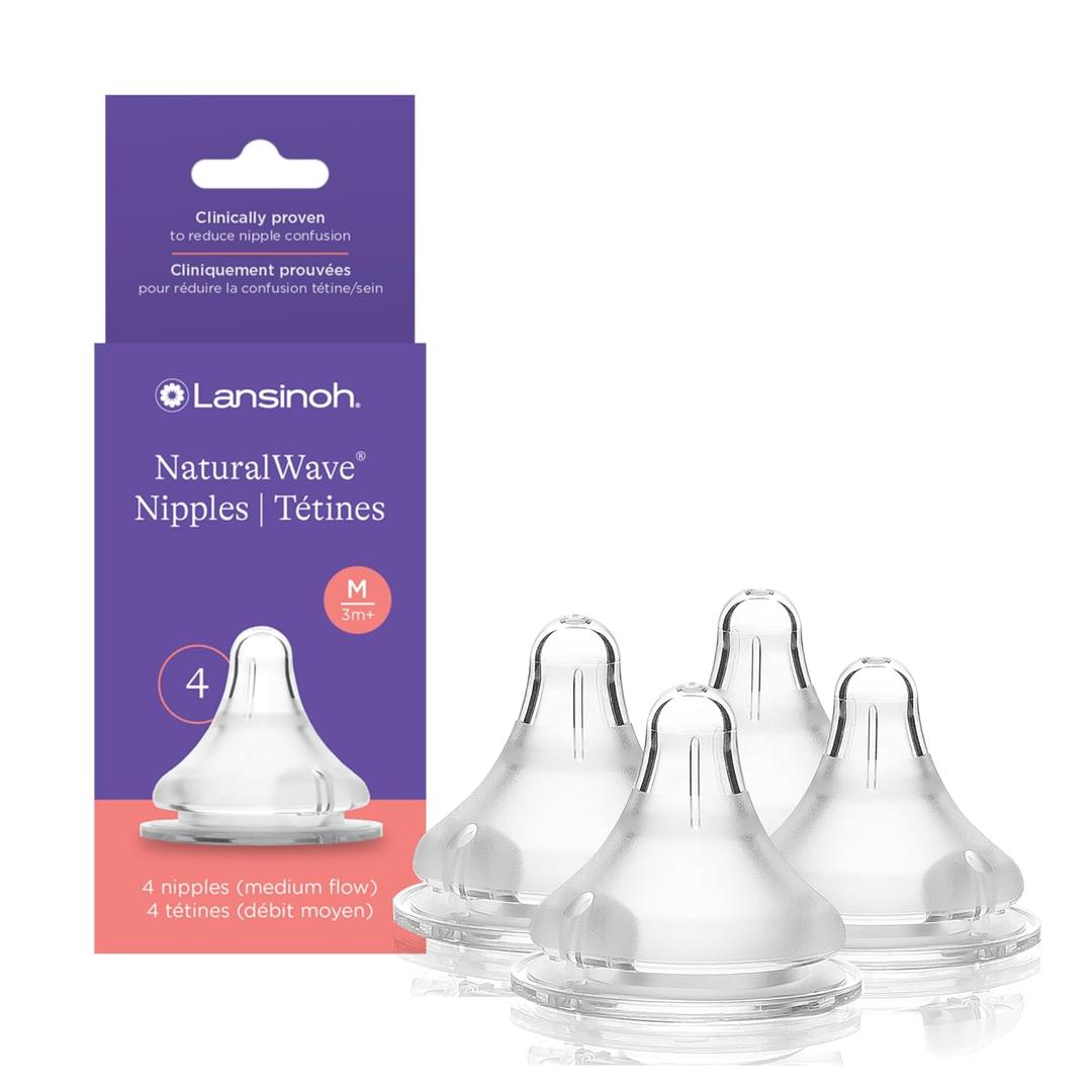 Lansinoh NaturalWave Baby Bottle Nipples, Medium Flow, Size M, 3+ Months, 4 Count  100% Soft, Durable Silicone, Made Without BPA BPS, Anti-Colic, Supports Babys Developing Mouth and Teeth