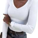 Roselux Womens Long Sleeve V Neck Ribbed Knit Fitted Casual Tops Tee Slim Basic Shirt (Medium, White)