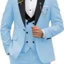 Mens Tuxedo Suits Slim Fit 3 Piece Wedding Prom Party Business Blazer Double Breasted Vest and Pants with Bow Tie (XX-Large, Light Blue)