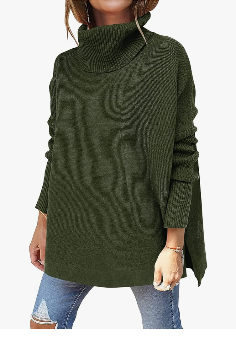 ANRABESS Women's Oversized Turtleneck Batwing Sleeve Spilt Casual Loose Knit Tunic Pullover Sweater Tops 2025 Fall Outfits, Size M