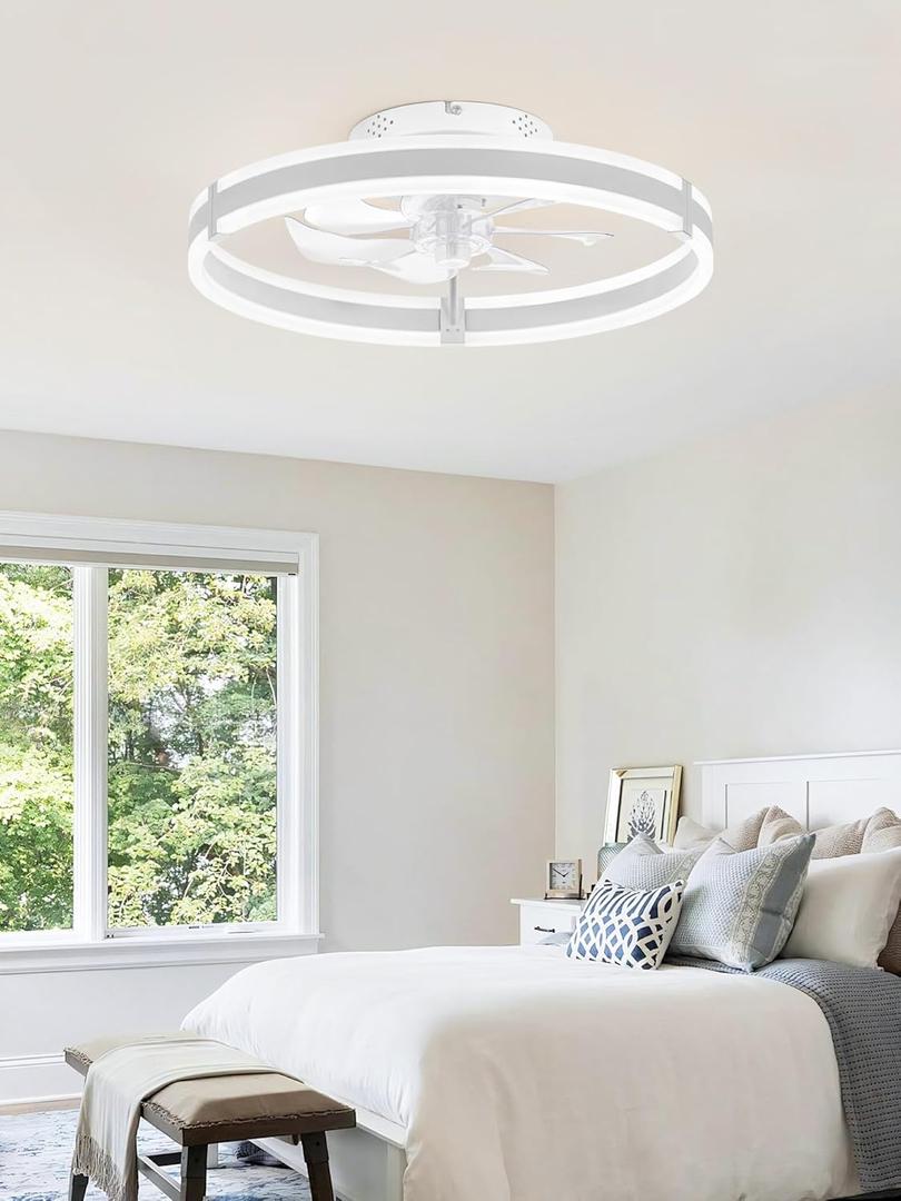 ZMISHIBO Ceiling Fans with Lights and Remote, 19.7'' Low Profile Ceiling Fan, 3000-6000K Dimmable Modern Flush Mount LED Fan Light, 6 Wind Speeds, White Fandelier Ceiling Fans for Bedroom