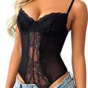 Navneet Women Sexy Lace Bodysuit Sleeveless Sheer Mesh Bustier Corset Top Date Night Party Club Rave (Black, XS)