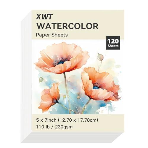 XWT 120 Sheets Watercolor Paper Bulk, 5x7in 110lb/230gsm, Cold Pressed Acid Free Natural White Textured Water Color Painting Art Supplies, Drawing Gift for Professional Adult Artists