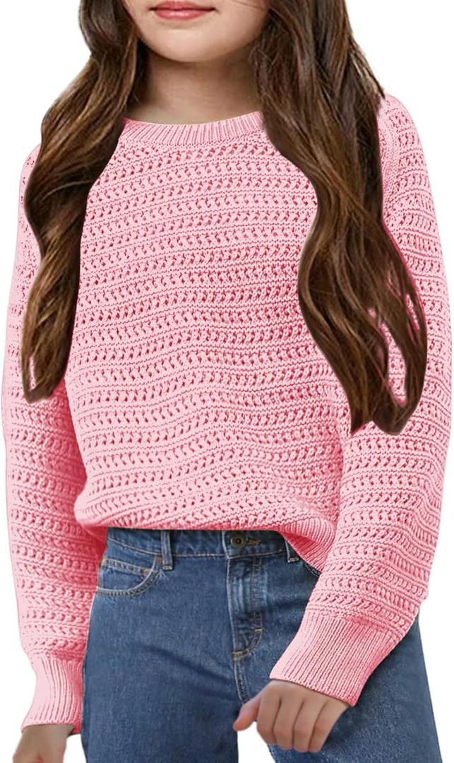 Girls Knit Sweaters Kids Fashion Chunky Crewneck Pullover Jumper Tops 5-14 Years (9-10 Years, Pink)