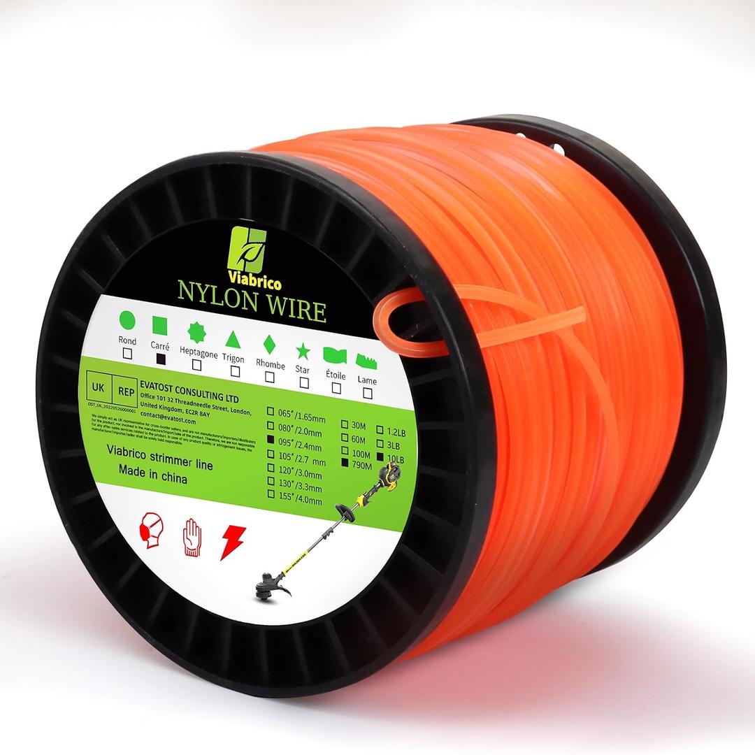 Viabrico .095" Weed Eater String, Square Orange Heavy Duty String Trimmer Line, Weed Wacker String Universal Commercial Grade, Premium Nylon Weedeater Line 0.095" x 10LB, 2591Foot