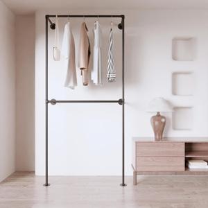 Industrial Pipe Clothing Rack, Heavy Duty Wall Mounted Clothes Rack,Retail Display Hanging Garment Rod for Laundry Room, Closet Storage - 14.6x37.4x82.7 Inches, Model K01 (Black)