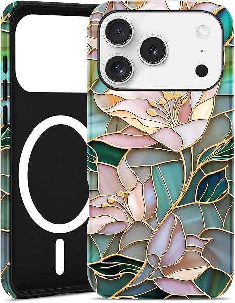 Jusy Compatible with MagSafe Lily Flower Case for iPhone 7/8/SE, Aesthetic Stained Glass Floral Magnetic Phone Case, Soft TPU and Hard PC Protective Phone Cover for Women Girls (Shiny) - Lily