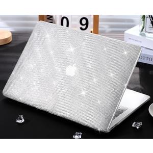 KEROM Glitter Case for MacBook Air 13 inch 2025-2022 M4 M3 M2 A3240 A3113 A2681, Luxury Bedazzled Shiny Bling Sparkle Textured PU Leather Hard Shell & Keyboard Cover for Mac Air 13.6 inch Case, Silver