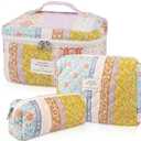 Quilted Makeup Bag Set, Large Floral Cosmetic Bag for Women, Cute Cotton Makeup Bag, Flower Travel Toiletry Organizer Bag(Color-Coded Floral) (Bee)