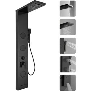 Homevacious Shower Panel Tower System Rainfall Waterfall Shower Head 3 Massage Body Jets Handheld Shower Head and Tub Spout Wall Mounted Multi-Function Bathroom Shower Panel Matte Black