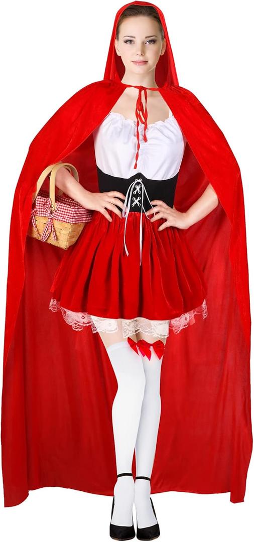4 Pcs Women's Riding Hood Costume Halloween Party Dress with Red Hooded Cloak White High Socks Picnic Basket
