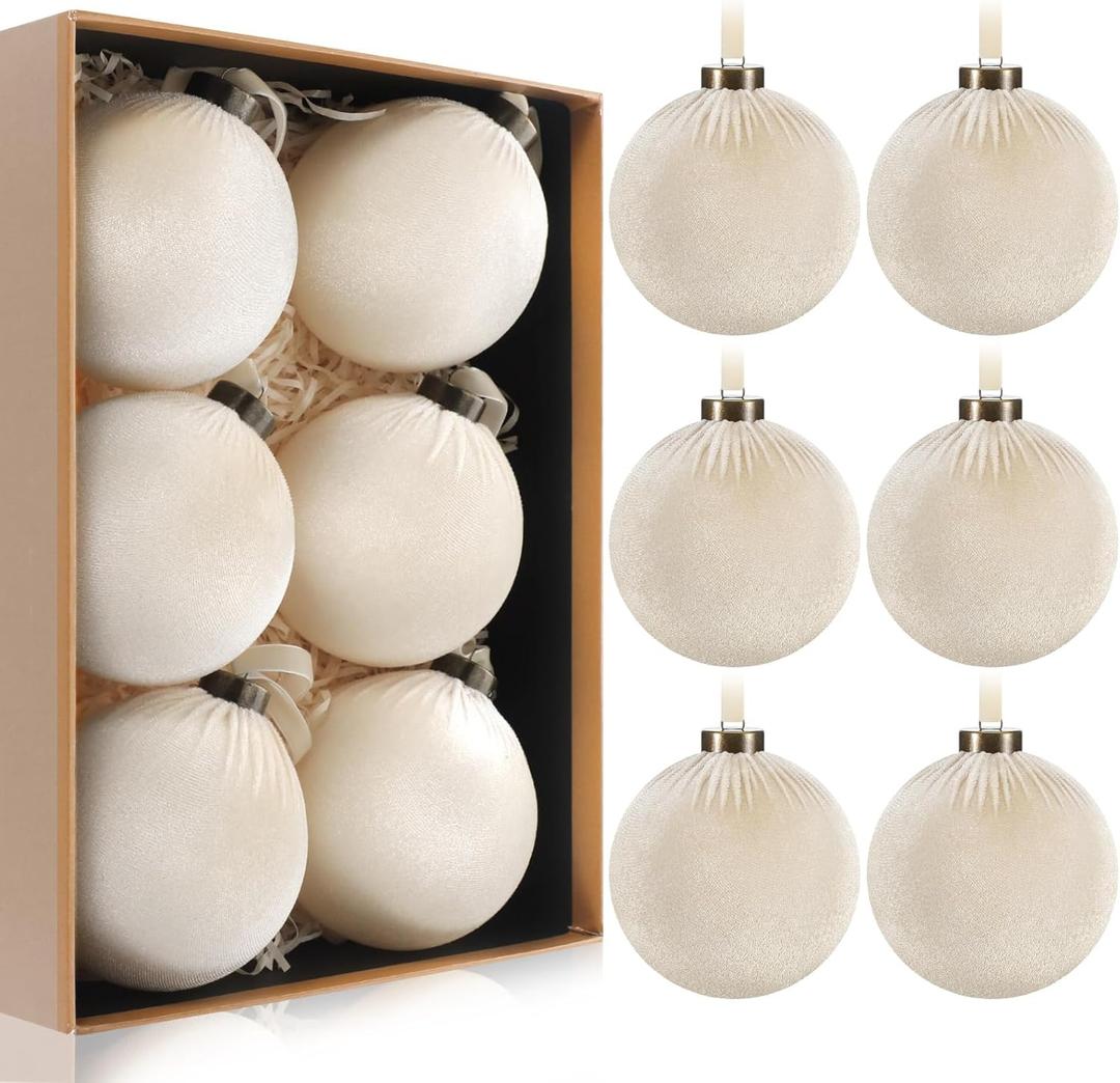 HyDren 6 Pcs Velvet Christmas Ball Ornaments 4 Inches Large Flocked Christmas Tree Hanging Ornaments Shatterproof Xmas Bulbs for Home Xmas Tree Party Decor(Beige)