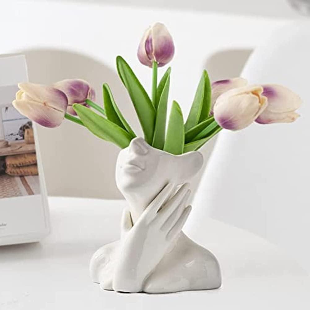 Ceramic Face Vase, White Flower Vases for Decor Female Form Head Half Body Vase Boho Unique Decorative Modern Style for Home Living Room Office Book Shelf (Medium)