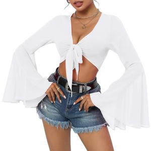 Mesh Tops for Women Bell Sleeve Rave Outfits Tie Front Crop Top Long Sleeve Shirt Sheer Blouse Festival (X-Small, White)