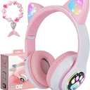 kuyaon Wireless Headphones for Kids, Cat Ear LED Light Up Bluetooth Kids Headphones with Microphone for School/Travel/Sports/Gaming/Gifts/Christmas (Pink)