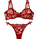 Lilosy Sexy Cute Underwire Push Up Strappy Heart Embroidered Mesh Sheer Lingerie Set for Women Bachelorette See Through Bra and Panty 2 Piece Bow Red Large