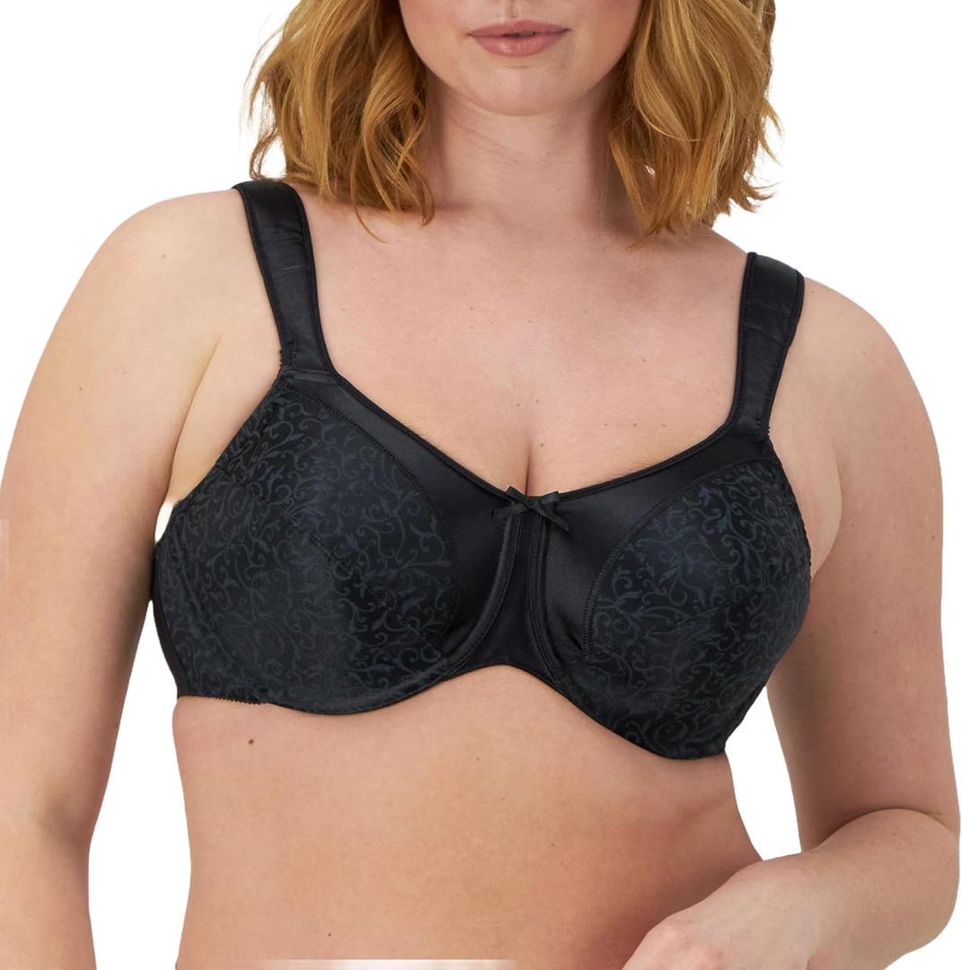 Bali Women's Minimizer Bra, Satin Tracings Underwire Bra, Bustline Slimmer, Full Coverage Bra (Black)