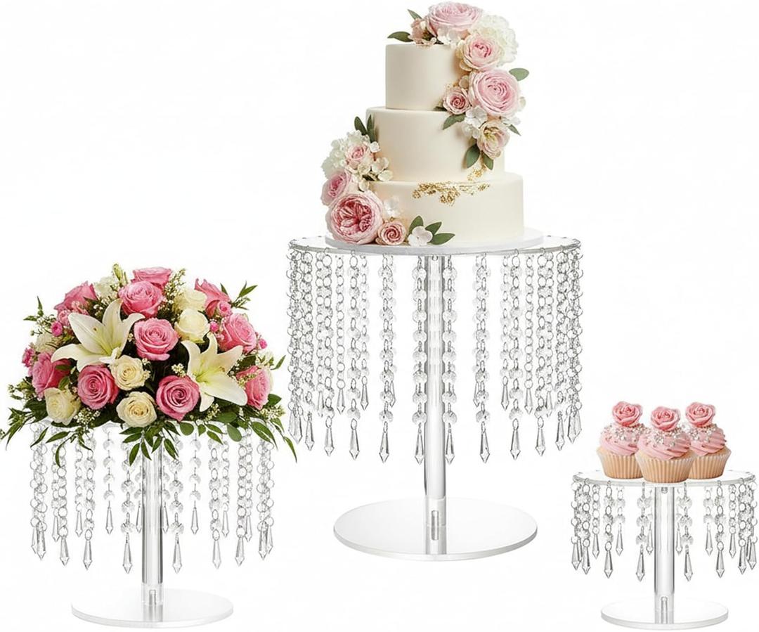 Acrylic Wedding Cake Stand Set - 3 Pcs Clear Round Cupcake Stands Dessert Display with Crystal Bling Pendants, for Wedding Event Birthday Party Baby Shower Tabletop Decorations Centerpieces (8.3 inch & 10.2 inch & 12.2 inch Diameter)
