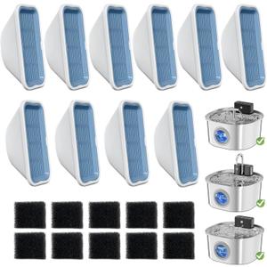20 Pack Replacement Cat Water Fountain Filters for 108oz/3.2L Stainless Steel Pet Water Fountain 309A/309B/309C, 10 Filters and 10 Pre-Filter Sponges