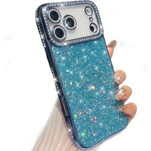 iPhone 17 Pro Max Case, Shockproof Cute Bling Glitter Sparkle Cover Sequin Diamonds Shiny Camera Lens Protector Girls Women Soft Electroplated Case for iPhone 17 Pro Max 6.9 inch, Blue
