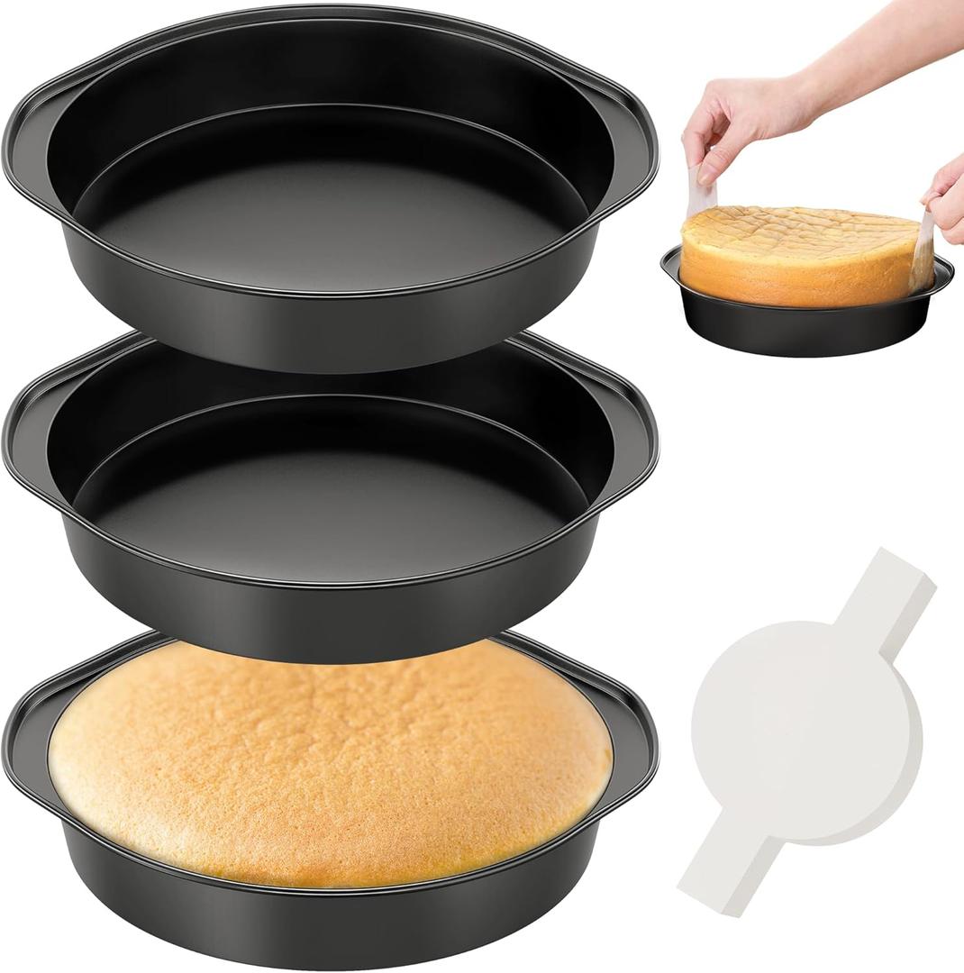 AltarreT 8 Inch Round Cake Pan with Handle, 3PCS Nonstick Cake Pans with 100 PCS Parchment Paper