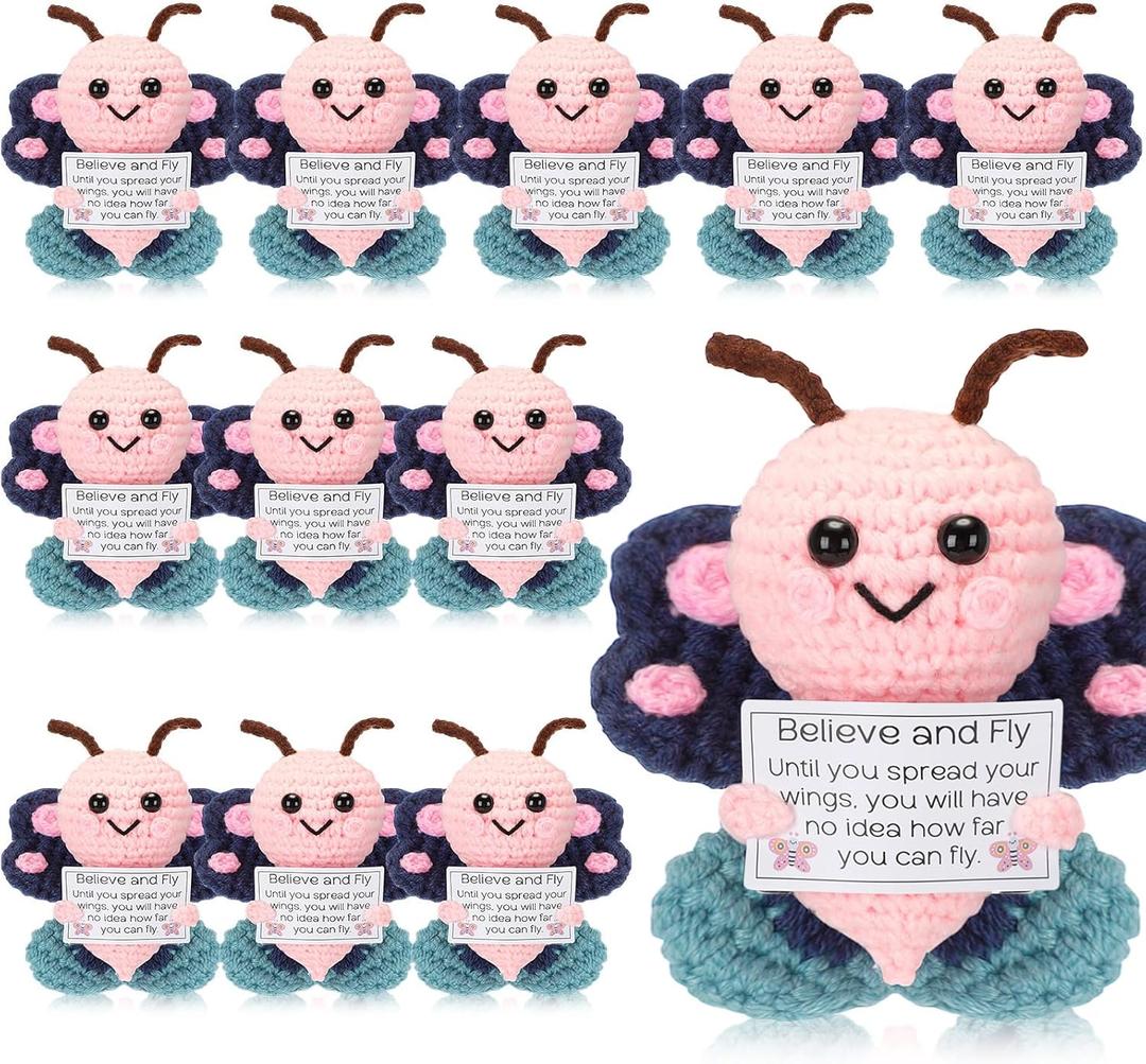 12 Pcs Funny Positive Emotional Crochet Butterfly Gifts Inspirational Motivational Gifts Crochet Animals Dolls Toys for Employee Appreciation Staff Coworker Volunteer Student Teacher