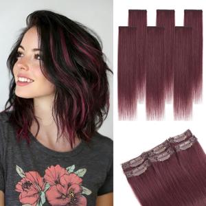 Clip in Short Hair Extensions Real Human Hair,Prokyvity Short Hair Extensions Clip ins,Mini Hairpieces for Volume & Highlights,Seamless & Invisible Design,6 Pieces 31g 10 inch Wine Red