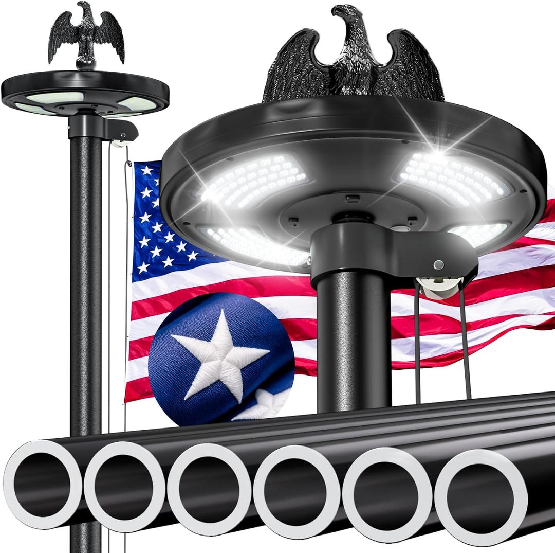 POOAMY 25FT Heavy Duty Flag Pole with Solar Light,10 Gauge Extra Thick Aluminum Flagpole Kit, Residential Flag Pole for Outside House in Ground, with 3x5 American Flag for Outdoor Commercial Use,Black