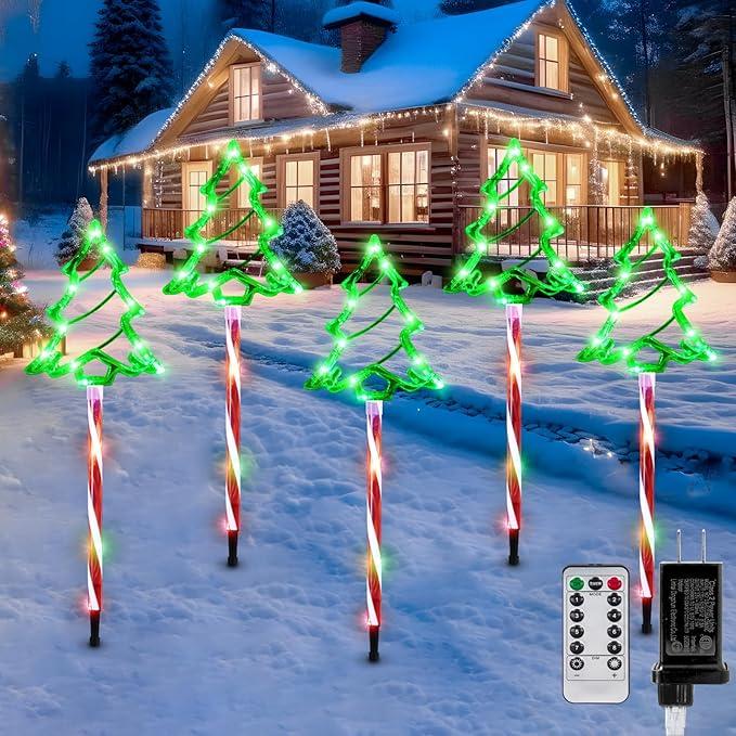 5 Pack Plug in Christmas Pathway Lights Outdoor Decorations with Timer, 8 Modes Green Lighted Xmas Tree Candy Waterproof Led Garden Stake Lights for Walkway Yard Lawn Porch Holiday Decor