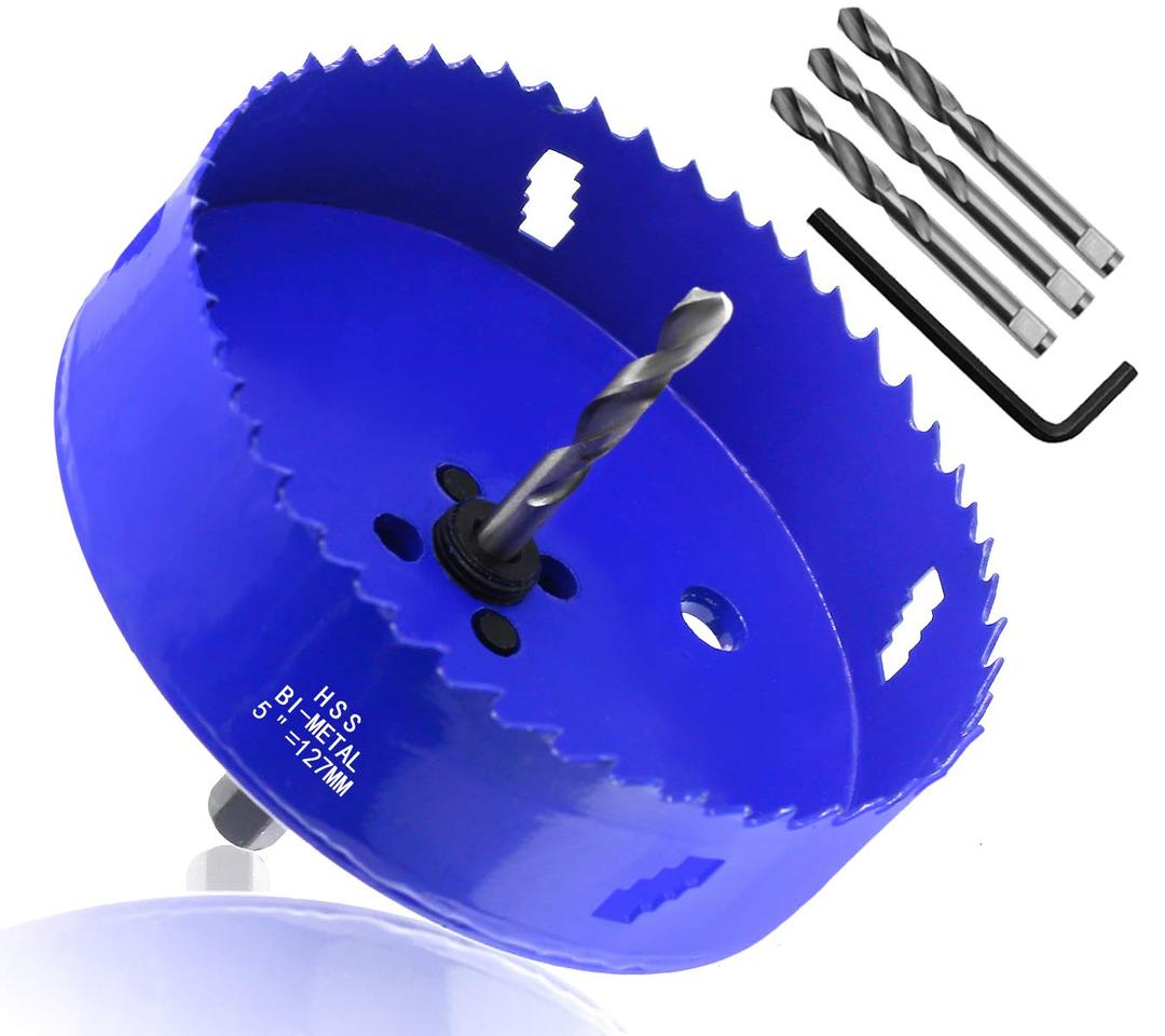 5 Inch Hole Saw with Heavy Duty Arbor, 1.2 Inch Cutting Depth HSS Bi-Metal Hole Drilling Cutter for Smoothly Cutting in Wood Cornhole Boards Plastic Drywall & Thin Metal
