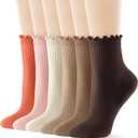 FITRELL 6 Pairs Ruffle Socks, Womens Soft Breathable Cute Lettuce Ankle Crew Frilly Socks (5-8.5, Dark Brown+brown+khaki+cream,light Pink+orange)