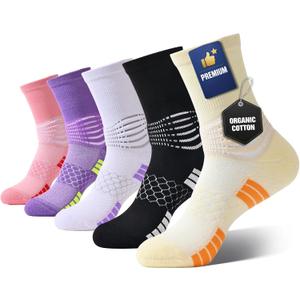 Womens Cotton Crew Compression Socks 5 Pairs Breathable Skin-Friendly with Targeted Ankle Support & Dry-Fit (M)