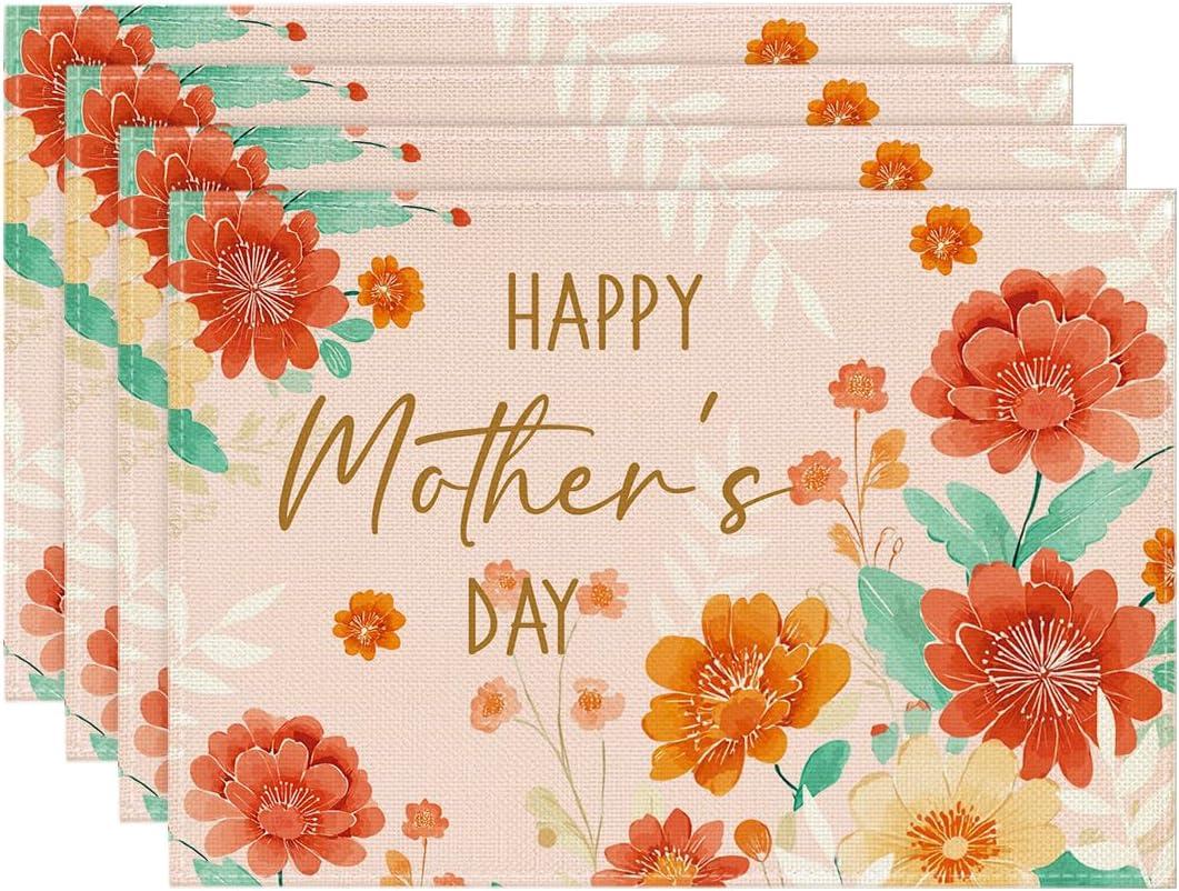 Artoid Mode Flowers Leaves Happy Mother's Day Placemats Set of 4, 12x18 Inch Seasonal Spring Table Mats for Party Kitchen Dining Decoration