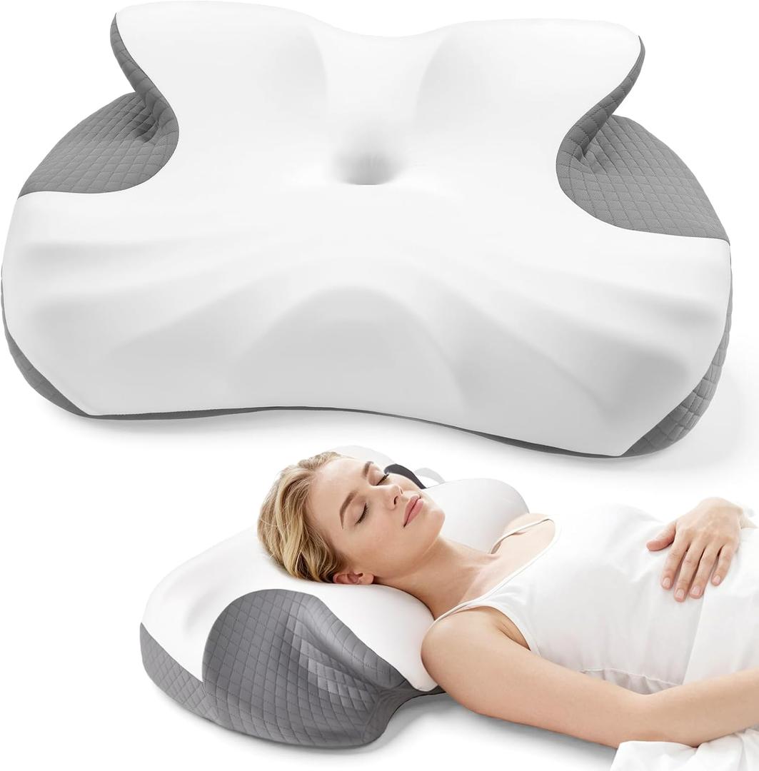 Side Sleeper Pillow, Memory Foam Cervical Neck Pillow, Dual Height Orthopedic Contour Pillow for Neck Support, Ergonomic Pillow for Side Back Stomach Sleepers with Breathable Washable Cover
