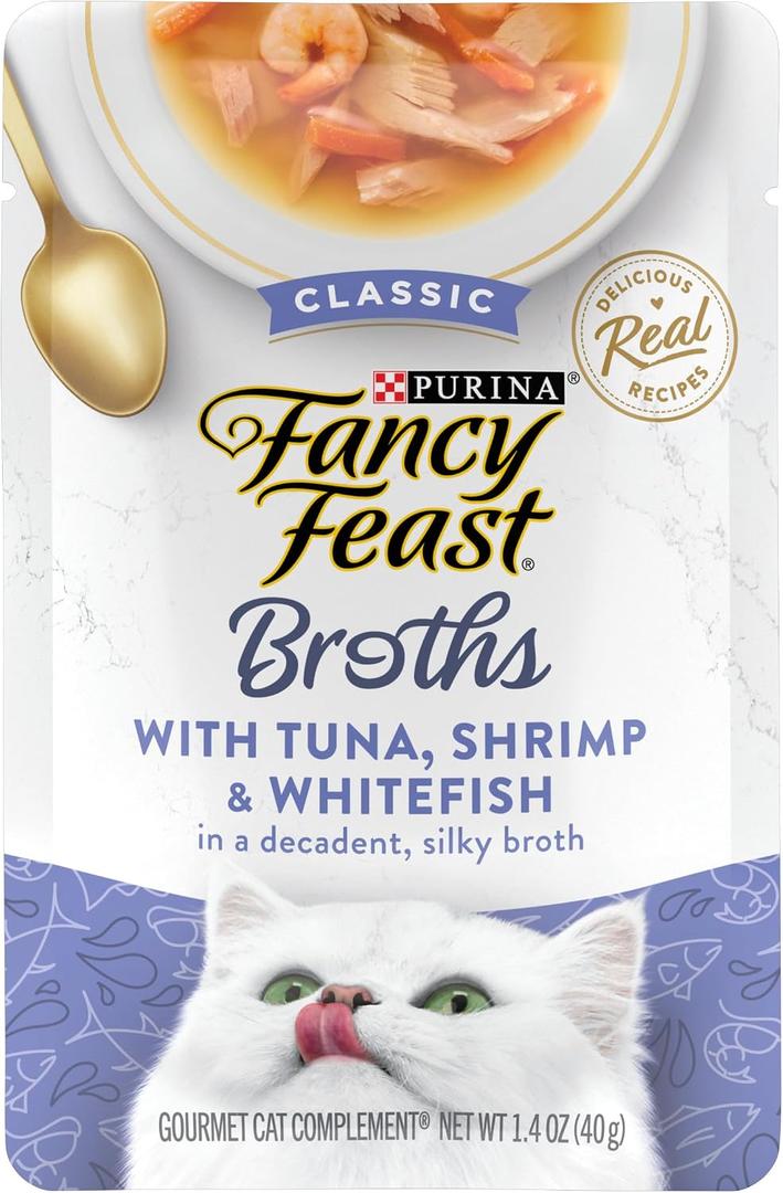 Purina Fancy Feast Broths Classic Cat Food Topper With Tuna, Shrimp, and Whitefish - (Pack of 16) 1.4 oz. Pouches (EXP 03/31/28)