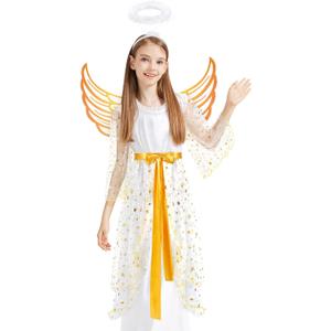 ComfyKit Halloween Angel Costume for Girls, Kids Angel Dress with Wing&Halo, Girls Outfit Set for Role Play Parties (Small)