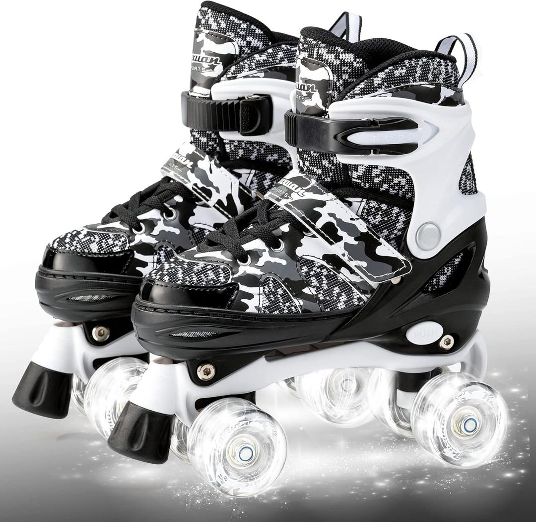 Kuxuan Skates Boys and Girls Camo Adjustable Roller Skates with Light up Wheels, Fun Illuminating Rollerskate for Kids Girls Youth (Small(10-12US), Black)
