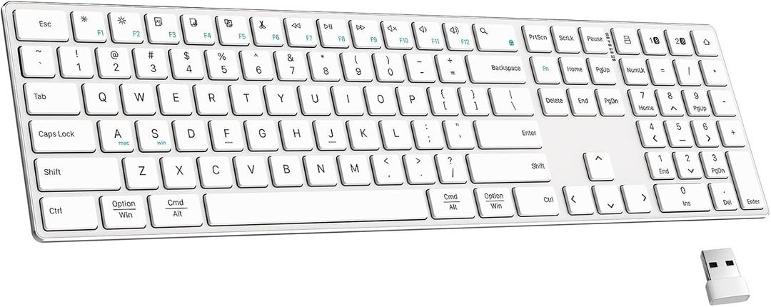 TIETI 2.4G Wireless Bluetooth Keyboard Rechargeable, Stainless Steel Ultra Slim Full Size Keyboard with Numeric Keypad Low Profile Silent Cordless Keyboards for Computer/Mac/Windows White