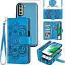 Asuwish Phone Case for Samsung Galaxy S21 FE 5G Zipper Wallet Cell Cover with Tempered Glass Screen Protector Strap Mandala Flower Card Holder S 21 EF S21FE5G UW S21FE 21S G5 6.4 inch Women Girls Blue