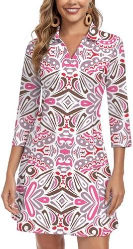 WOWENY 3/4 Sleeve Dress for Women with Pockets V Neck UPF 50+ Casual Sun Dress Breathable Quick Dry Beach Vacation M
