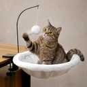 Cat Desk Bed for Home Office  Plush Clamp-On Cat Hammock with Hanging Feather and Ball Toy, Non-Slip Heavy-Duty Mount, Space-Saving Desk Mounted Cat Bed for Remote Workers Supports 40 lbs (Beige)